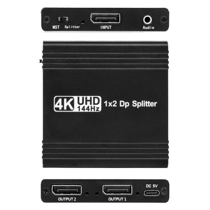 FD 1X2 4K 144HZ Audio Extractor Splitter DisplayPort 1.4 to Dual DisplayPort MST Hub, US Plug