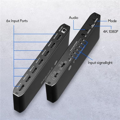 JQF2 4K Seamless Switcher Screen Splitter Multiple Display Modes 6 in 1 Out HDMI Multiviewer, US Plug, EU Plug