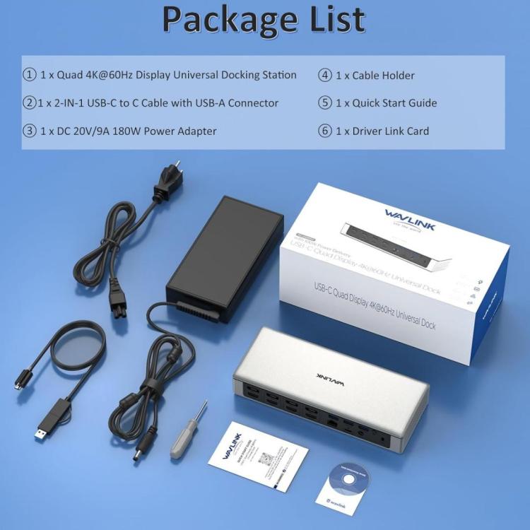 WAVLINK UG69PD12 DisplayLink Docking Station Quad  Monitors For Laptops M1 / M2 / Mac & Windows, US Plug, UK Plug, EU Plug