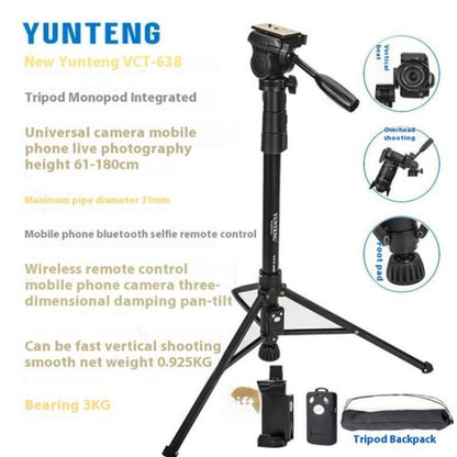 YUNTENG 638 Aluminum Alloy Extendable Stand Phone Holder Camera Tripod Monopod, 638