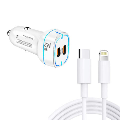 PD45W + PD30W Dual Port Type-C Car Charger with USB-C to 8 Pin Data Cable, P65 with 8 Pin Cable(Black), P65 with 8 Pin Cable(White)