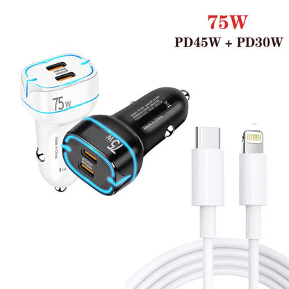 PD45W + PD30W Dual Port Type-C Car Charger with USB-C to 8 Pin Data Cable, P65 with 8 Pin Cable(Black), P65 with 8 Pin Cable(White)