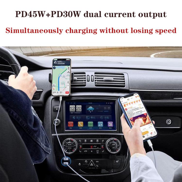 PD45W + PD30W Dual Port Type-C Car Charger with USB-C to 8 Pin Data Cable, P65 with 8 Pin Cable(Black), P65 with 8 Pin Cable(White)