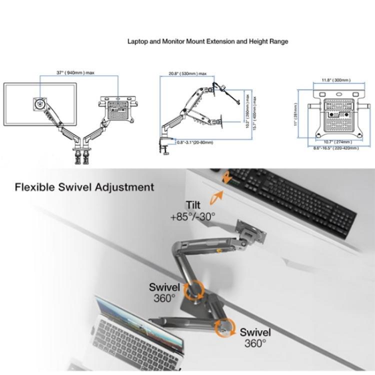 NORTH BAYOU F160-FP Tray Dual Arm Bracket Monitor Desk Mount Adjustable Laptop Holder, F160-FP