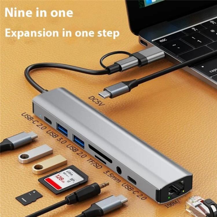 2509 RJ45, USB3.0, USB2.0, USB-C2.0, 3.5mm, DC5V, SD / TF Card Reader Adapter USB-C / USB Hub, 2509
