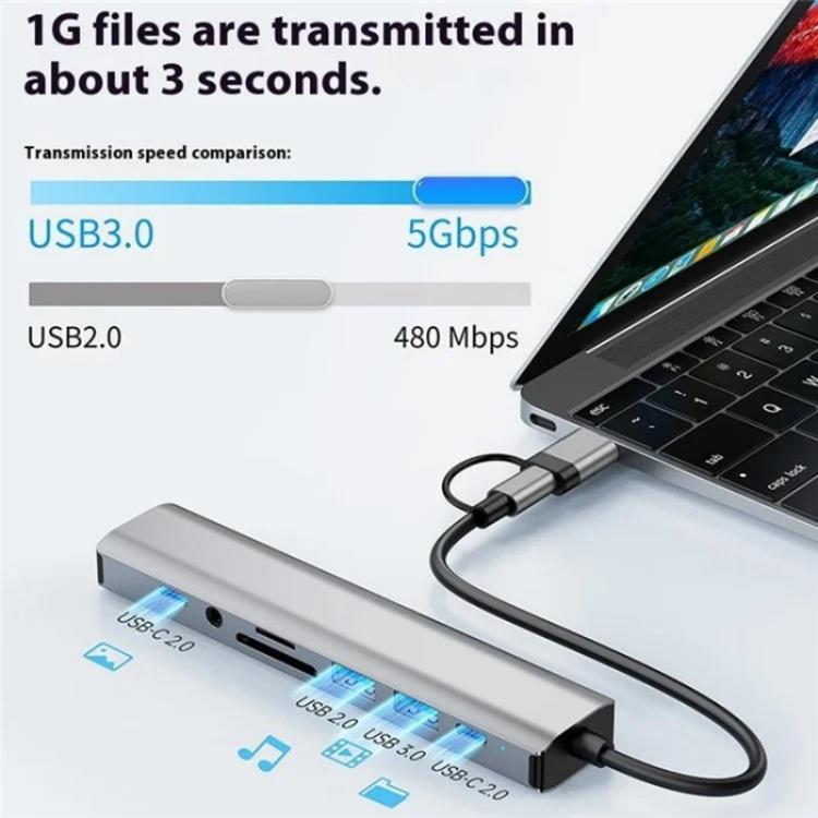 2509 RJ45, USB3.0, USB2.0, USB-C2.0, 3.5mm, DC5V, SD / TF Card Reader Adapter USB-C / USB Hub, 2509