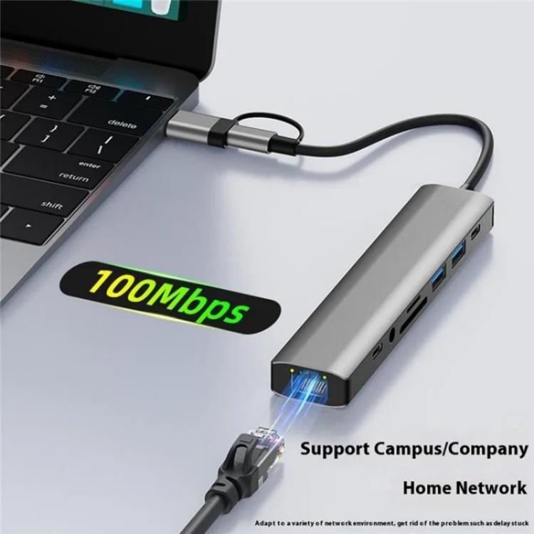 2509 RJ45, USB3.0, USB2.0, USB-C2.0, 3.5mm, DC5V, SD / TF Card Reader Adapter USB-C / USB Hub, 2509