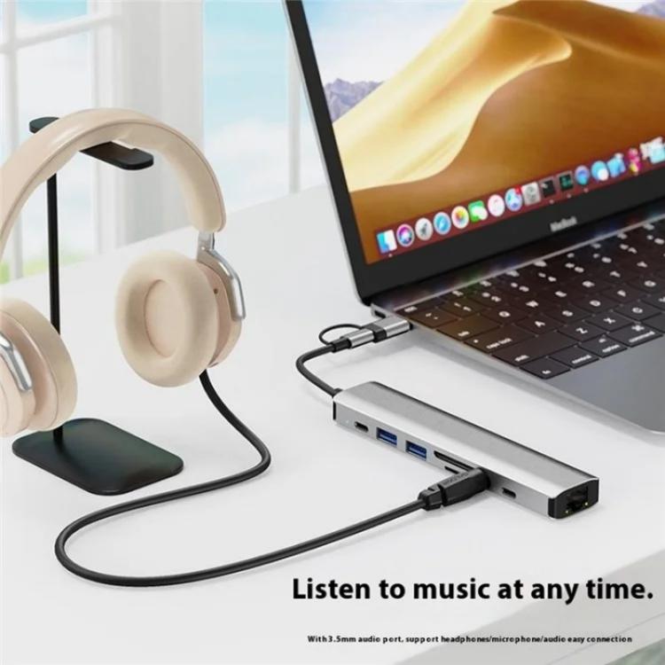 2509 RJ45, USB3.0, USB2.0, USB-C2.0, 3.5mm, DC5V, SD / TF Card Reader Adapter USB-C / USB Hub, 2509