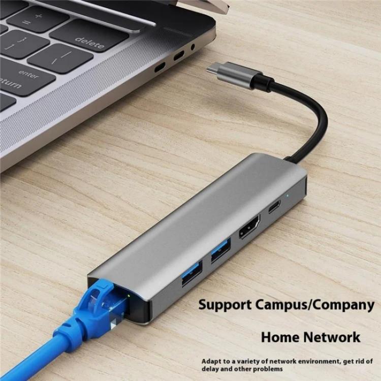 2403 Type-C to 100M RJ45 USB3.0 USB2.0 4K / 30Hz HD PD100W Adapter 5-in-1 USB Hub, 2403