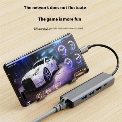 2403 Type-C to 100M RJ45 USB3.0 USB2.0 4K / 30Hz HD PD100W Adapter 5-in-1 USB Hub, 2403