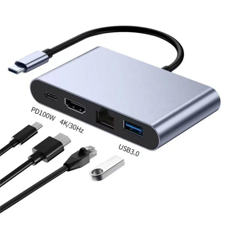 2322 Type-C to RJ45, 4K/30HZ HD, USB 3.0, PD100W Charging Port Aluminum Shell HUB, 2322