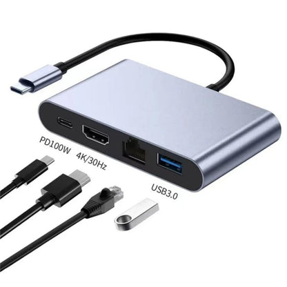 2322 Type-C to RJ45, 4K/30HZ HD, USB 3.0, PD100W Charging Port Aluminum Shell HUB, 2322