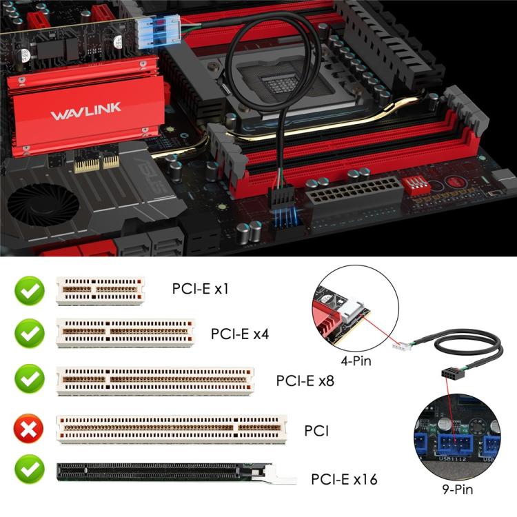 WAVLINK WN685BE3-B BE8800 2.4GHz 5GHz 6GHz WiFi 7 Tri-Band PCI-E Wireless Network Card, WN685BE3-B