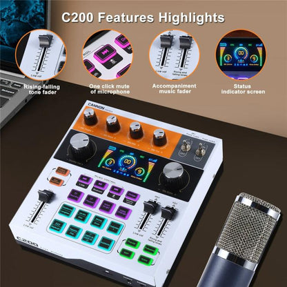 C200 For Live Streaming / Singing Sound Card Audio Mixer Bluetooth Adjustable Mixing Console, C200