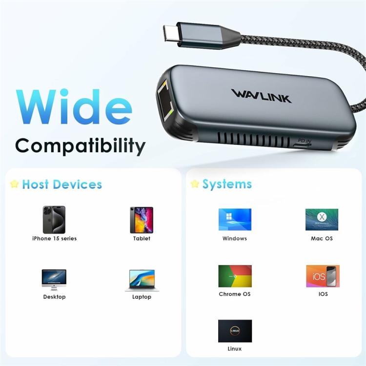 WAVLINK NWU330GD Support 95W PD Output USB-C to RJ45 2.5Gbps Network Converter, NWU330GD