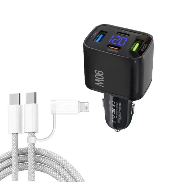 QC4.0 + PD3.0 LED Digital Display Car Charger with Type-C to Type-C / 8 Pin Data Cable, TE-S01 (White), TE-S01 (Black)