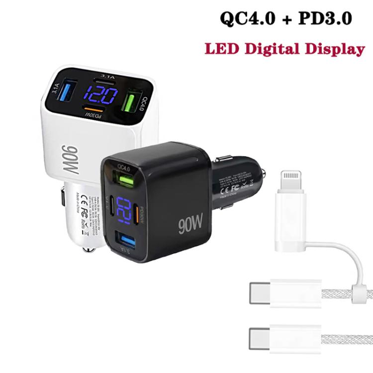 QC4.0 + PD3.0 LED Digital Display Car Charger with Type-C to Type-C / 8 Pin Data Cable, TE-S01 (White), TE-S01 (Black)