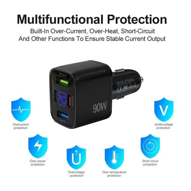 QC4.0 + PD3.0 LED Digital Display Car Charger with Type-C to Type-C / 8 Pin Data Cable, TE-S01 (White), TE-S01 (Black)