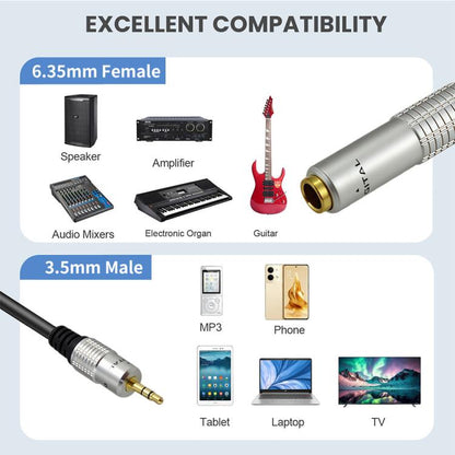 JUNSUNMAY 6.35mm Female to 3.5mm TRS Male Stereo Audio Cable Guitar Cord, 0.3m, 1.8m