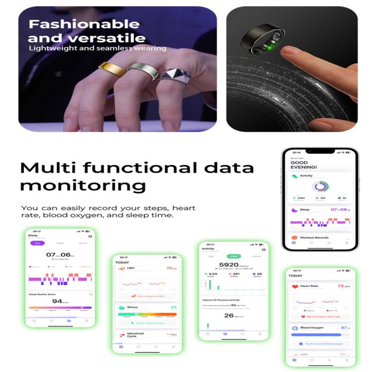R100 SIZE 7 Smart Ring, Support Heart Rate / Blood Oxygen / Sleep Monitoring / Remote Photography