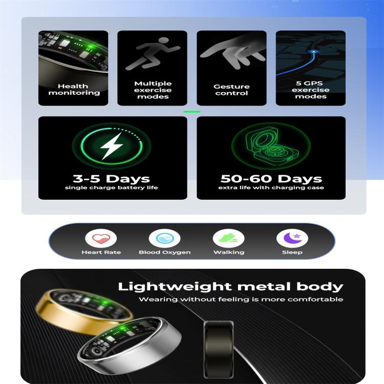 R100 SIZE 8 Smart Ring, Support Heart Rate / Blood Oxygen / Sleep Monitoring / Remote Photography