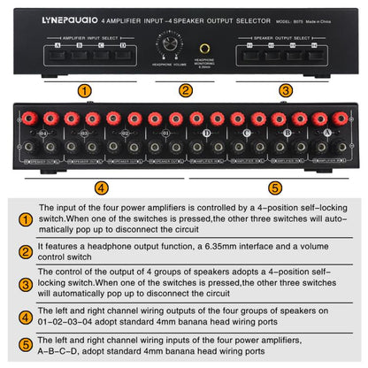 B075 4 Input 4 Ooutput Power Amplifier Speaker Selector Switcher,  300W Sound Quality Per Channel No Loss, B075
