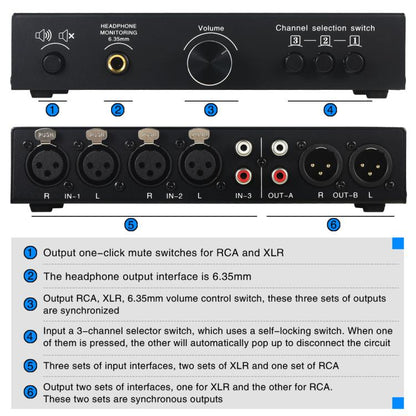 B082 3 Input 3 Output Audio Signal Selector Balanced Line Switcher, B082