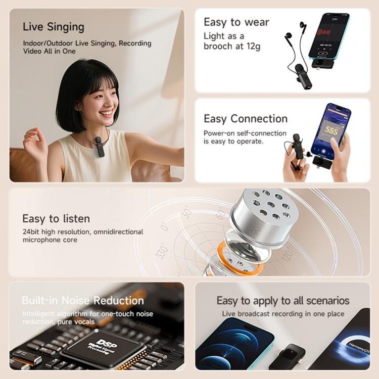 K3 Wireless Lavalier Microphone with Integrated Earphones and 2 in 1 Receiver For Live Streaming / Vlog / Interview