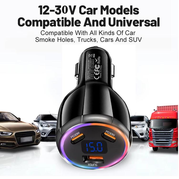 TE-S02 Display Screen PD30W x 2 and QC 30W Car Charger for Mobile Phones / Tablets, TE-S02