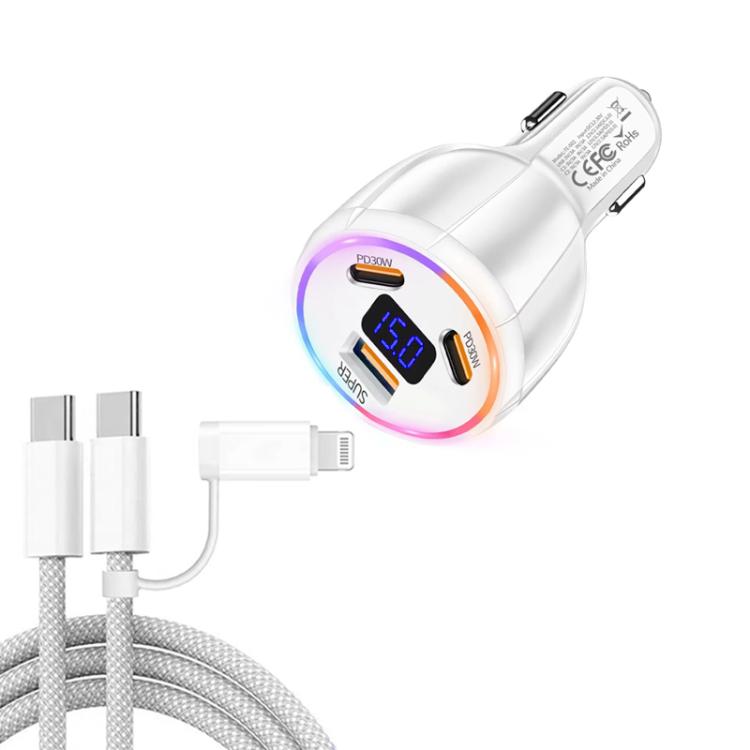 TE-S02 Display Screen PD30W x 2 + QC 30W Car Charger with Type-C to Type-C / 8-pin Data Cable, TE-S02 with Cable