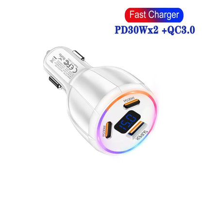 TE-S02 Display Screen PD30W x 2 + QC 30W Car Charger with Type-C to Type-C / 8-pin Data Cable, TE-S02 with Cable
