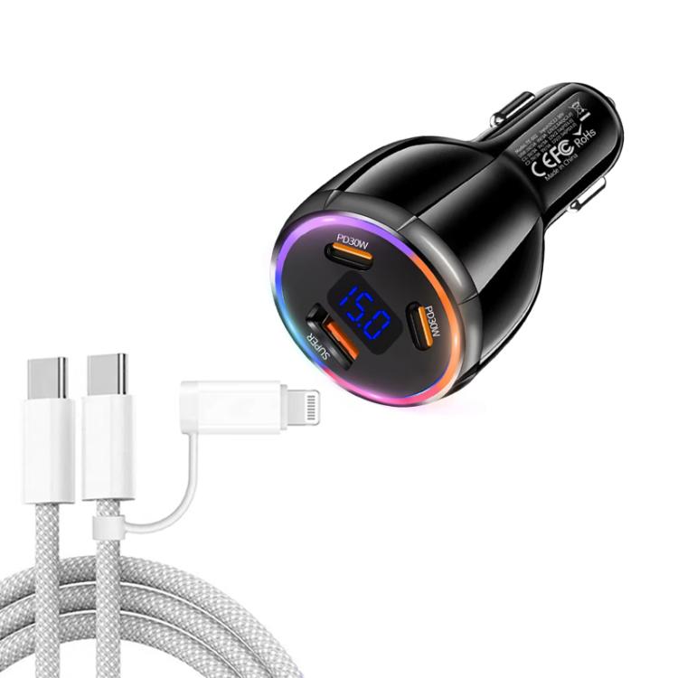 TE-S02 Display Screen PD30W x 2 + QC 30W Car Charger with Type-C to Type-C / 8-pin Data Cable, TE-S02 with Cable