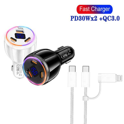 TE-S02 Display Screen PD30W x 2 + QC 30W Car Charger with Type-C to Type-C / 8-pin Data Cable, TE-S02 with Cable