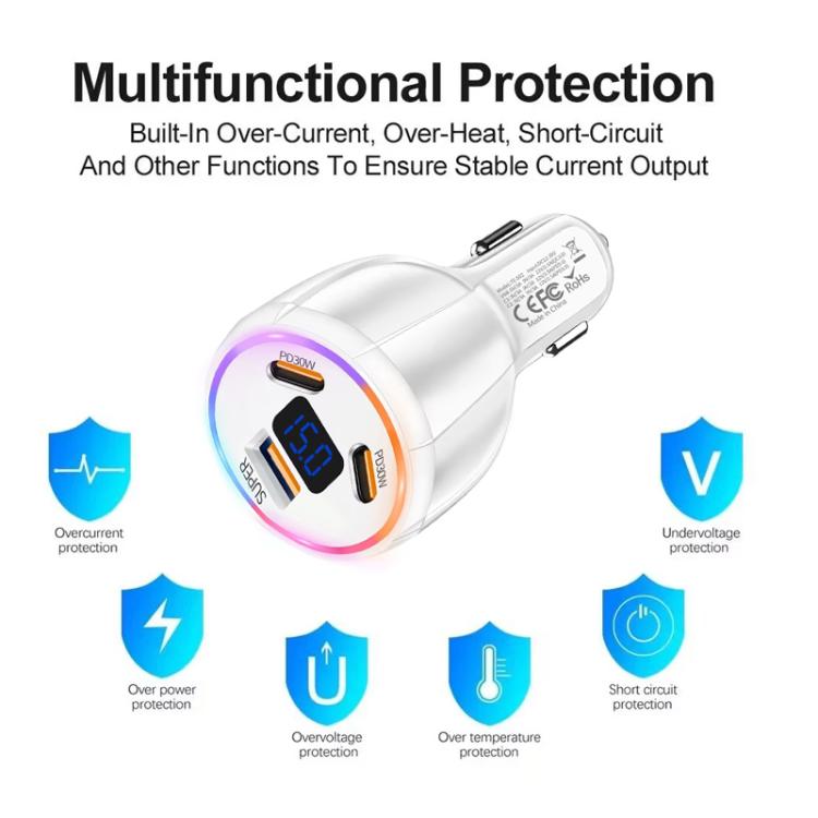 TE-S02 Display Screen PD30W x 2 + QC 30W Car Charger with Type-C to Type-C / 8-pin Data Cable, TE-S02 with Cable