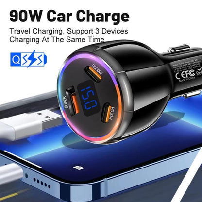 TE-S02 Display Screen PD30W x 2 + QC 30W Car Charger with Type-C to Type-C / 8-pin Data Cable, TE-S02 with Cable