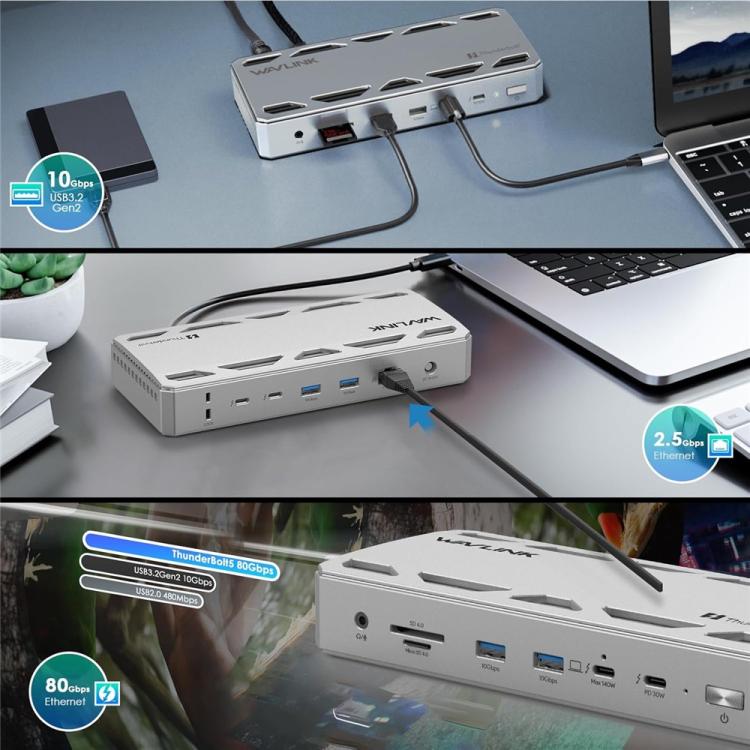 WAVLINK UTD58 12 in 1 120Gbps 140W Thunderbolt 5 Docking Station, US Plug, EU Plug, UK Plug, AU Plug