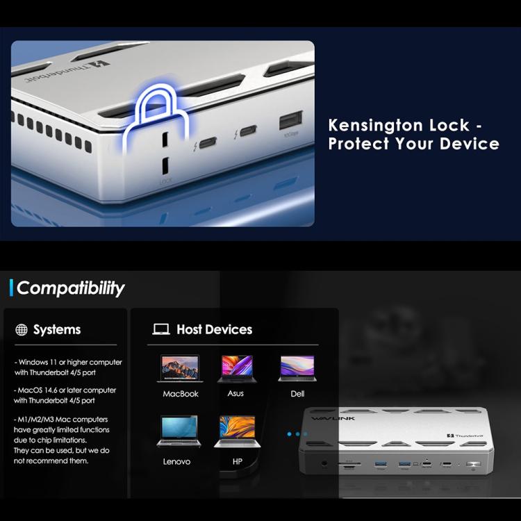 WAVLINK UTD58 12 in 1 120Gbps 140W Thunderbolt 5 Docking Station, US Plug, EU Plug, UK Plug, AU Plug