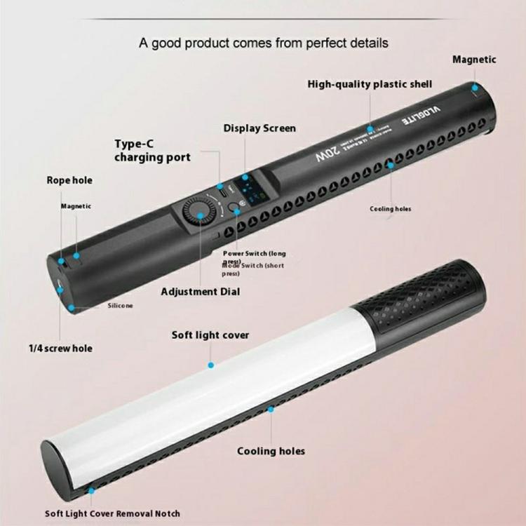 VLOGLITE B20RGB Magnetic LED Fill Light Handheld 20 Modes RGB Photography Light Stick, B20RGB