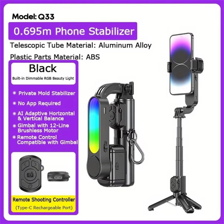 Q33 Remote Control Photography Mini Tripod Selfie Stick Stabilizer Anti-Shake with Fill Light, Q33