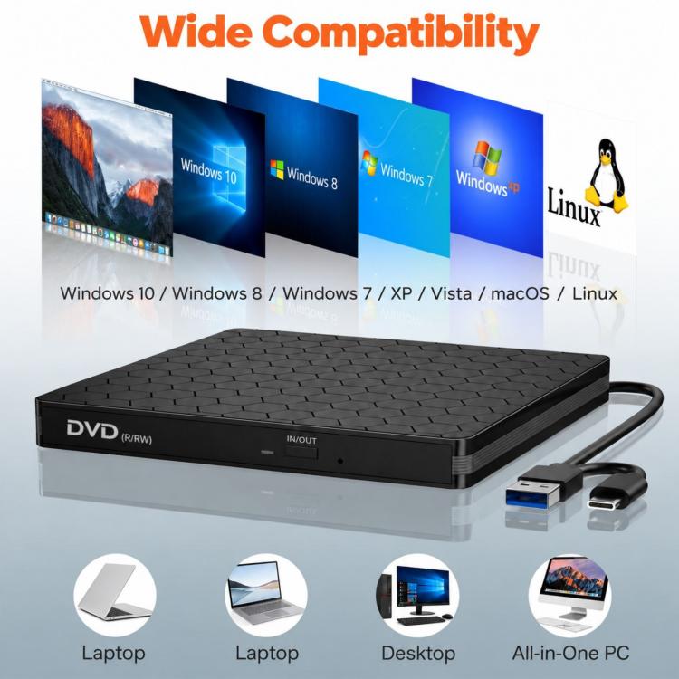 BT686 External DVD Drive USB 3.0 / Type-C Portable Optical Drive / CD Burner For Desktop / Laptop, BT686