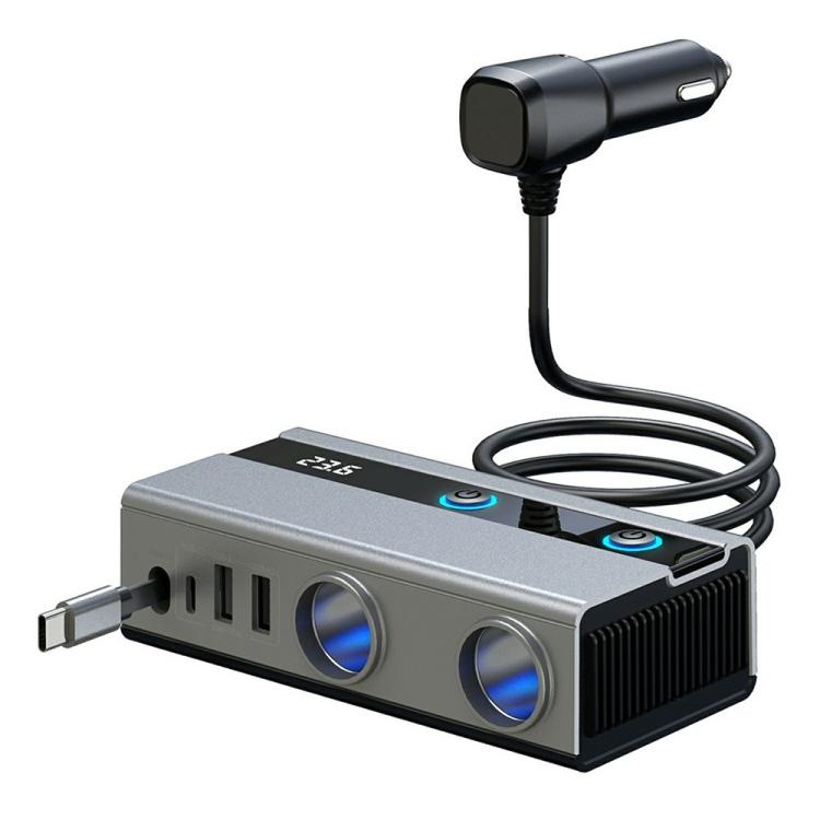 GE06 PD 65W Fast Charging Retractable Cable Voltage Display 120W Car Cigarette Lighter Splitter Adapter, GE06