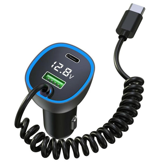 GE05 Retractable Cable USB + Type-C Car Charger Voltage Display PD 65W Fast Charging Adapter, GE05