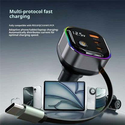GE03 PD 65W Fast Charging Adapter Retractable Cable and Ambient Light Voltage Display Car Charger, GE03