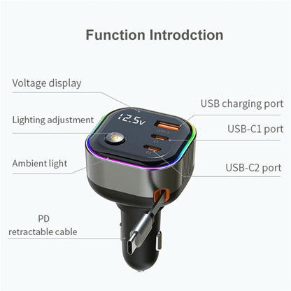 GE03 PD 65W Fast Charging Adapter Retractable Cable and Ambient Light Voltage Display Car Charger, GE03