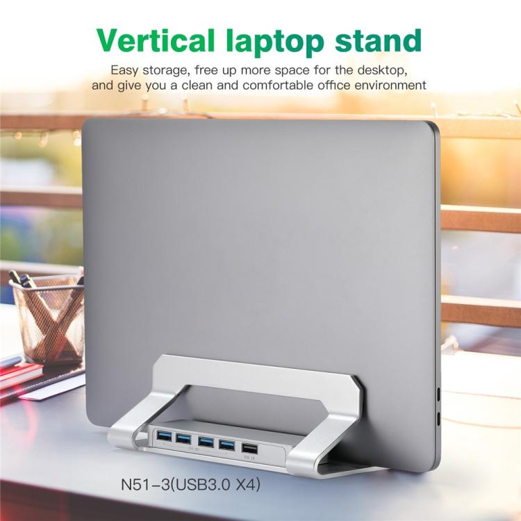 D051-3 Aluminum Alloy Desktop Organizer Vertical Laptop Stand with 4 USB Ports Hub, D051-3