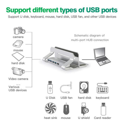 D051-3 Aluminum Alloy Desktop Organizer Vertical Laptop Stand with 4 USB Ports Hub, D051-3