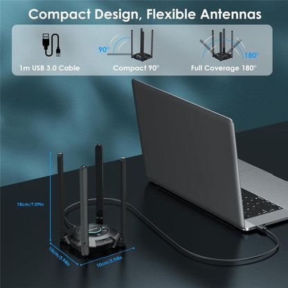 WAVLINK WN695BE2 BE6500 Tri-Band 2.4GHz / 5GHz / 6GHz High Gain Antennas USB 3.0 WiFi 7 Adapter, WN695BE2