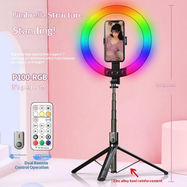 P100-RGB With Rotation Phone Holder 10 Inch Portable Selfie Stick Ring Light RGB Color Fill Light