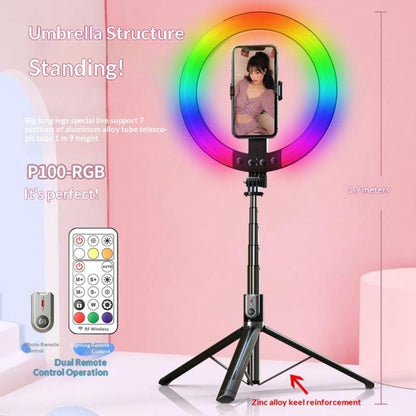 P100-RGB With Rotation Phone Holder 10 Inch Portable Selfie Stick Ring Light RGB Color Fill Light