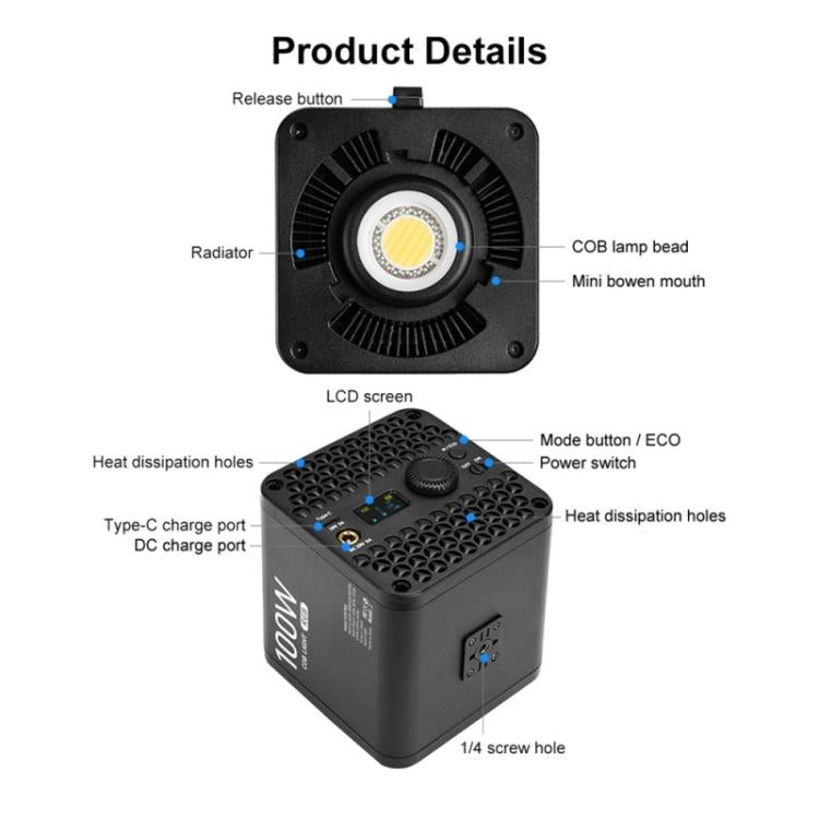 VLOGLITE P100RGB 2700K-6500K Rechargeable Studio Lighting Wireless Photography 100W COB Lamp, P100RGB